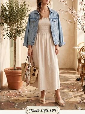 H&M Smock-Topped Cotton Midi Dress – Light Beige (NWOT) XS